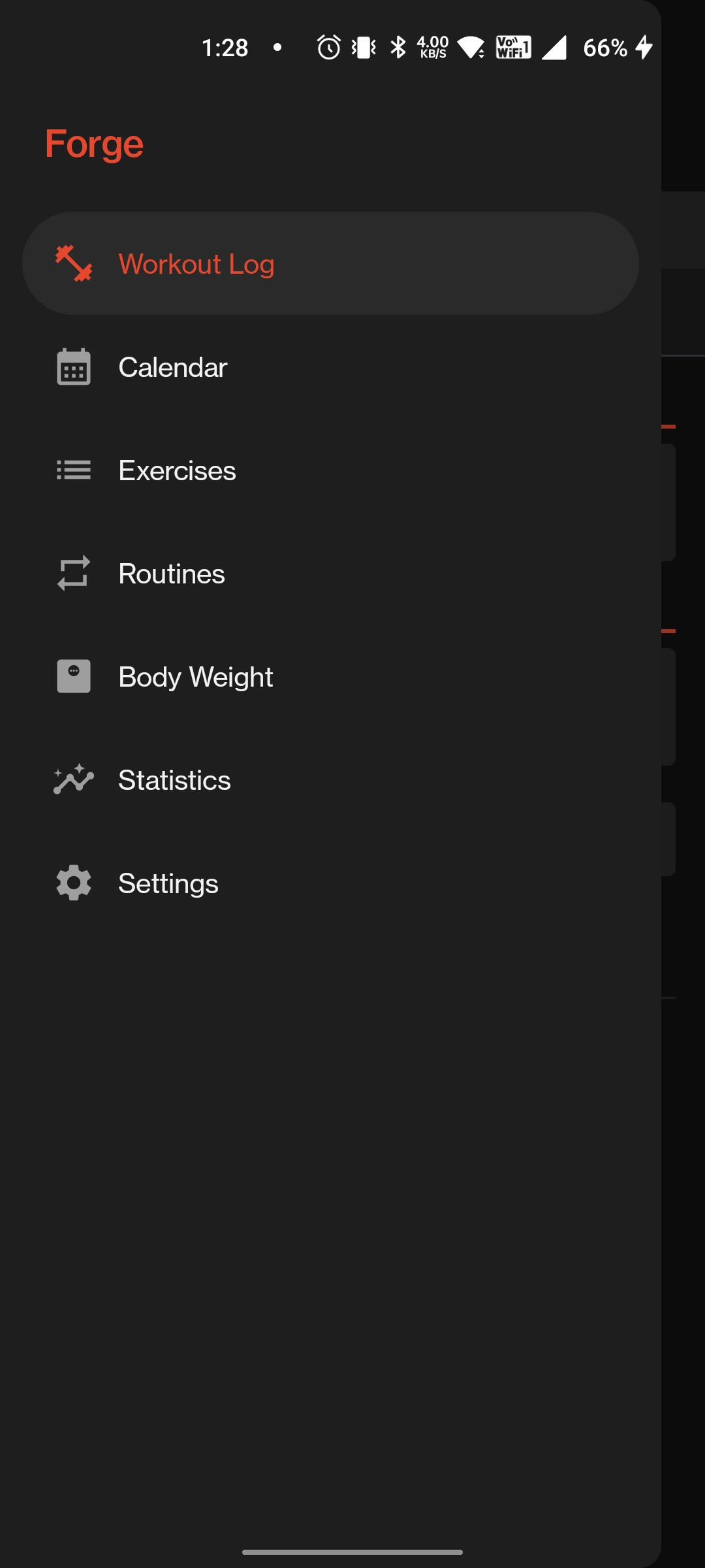 Forge navigation — calendar, exercises, routines, body weight, statistics